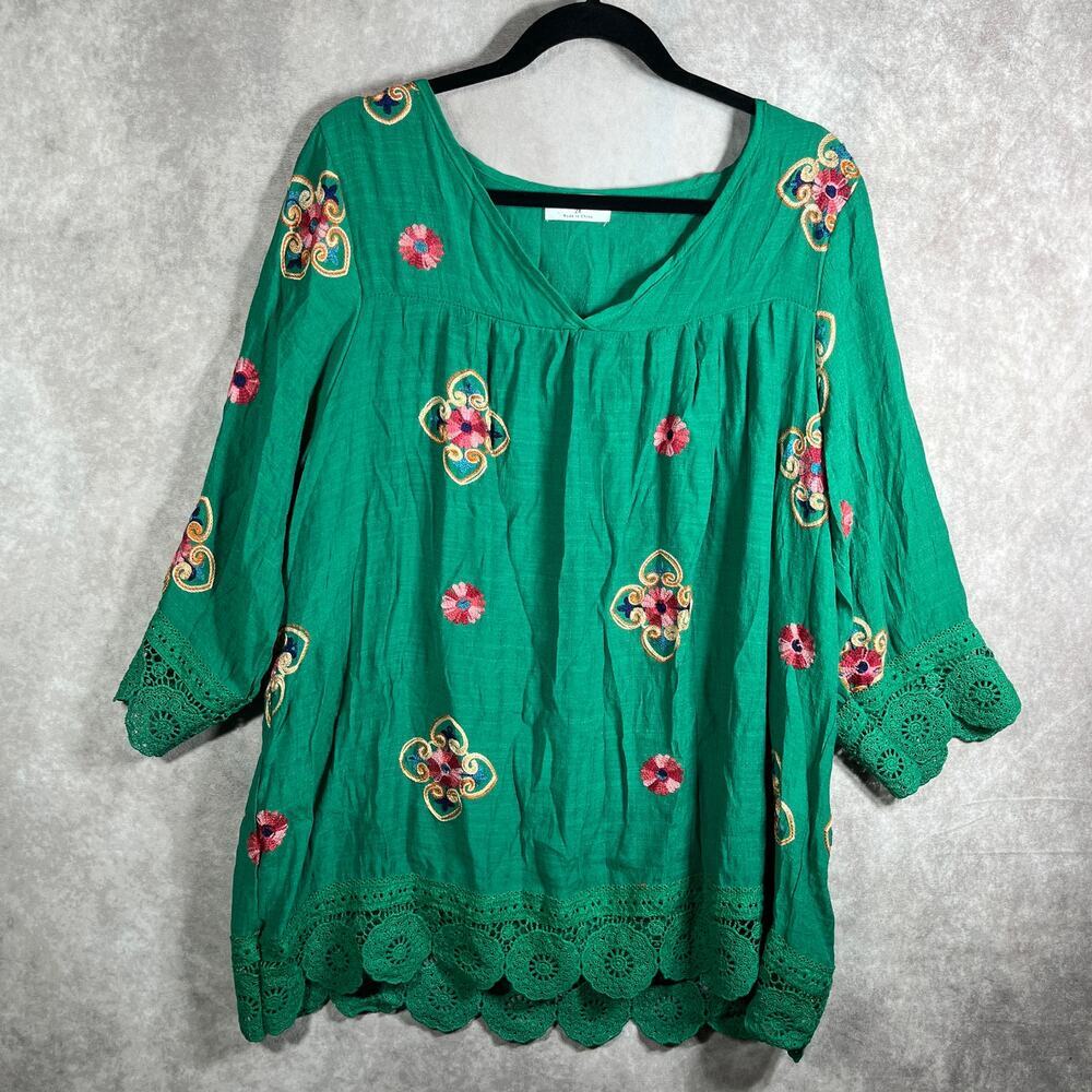 Kindred Top Womens 2X Green Floral Crochet Trim 3/4 Sleeve V-Neck Boho Casual‎